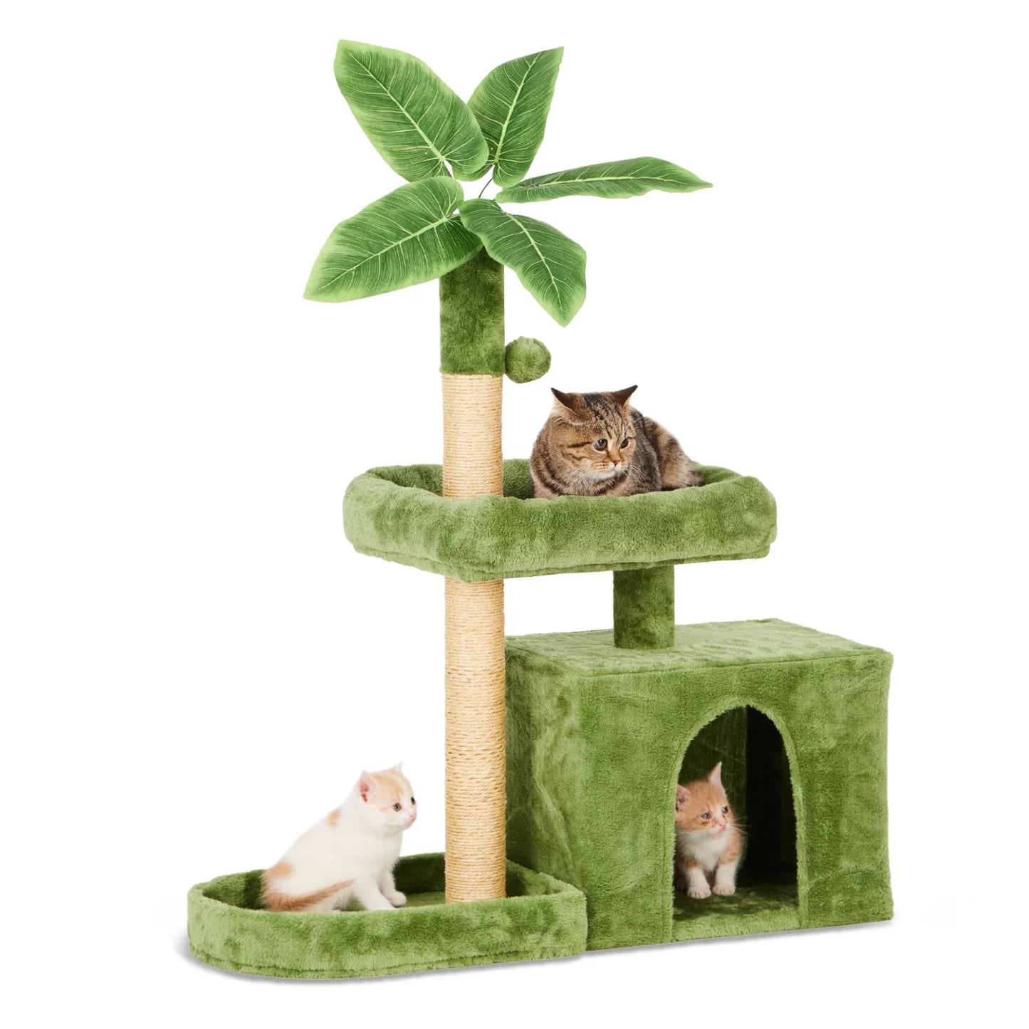 31.5" Cat Tree Cat Tower for Indoor Cats with Green Leaves, Cat Condo Cozy Plush Cat House with Hang Ball and Leaf Shape Design, Cat Furniture Pet House with Cat Scratching Posts, Green